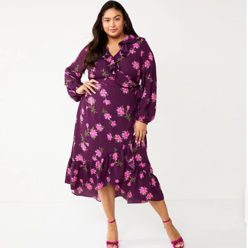 NWT Draper James RSVP Womens Long Sleeve Ruffle Plum Floral Midi Dress Size 3X